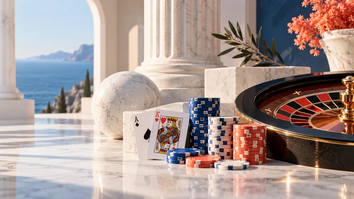 Casino στοιχεία σε φωτεινό ελληνικό μαρμάρινο περιβάλλον